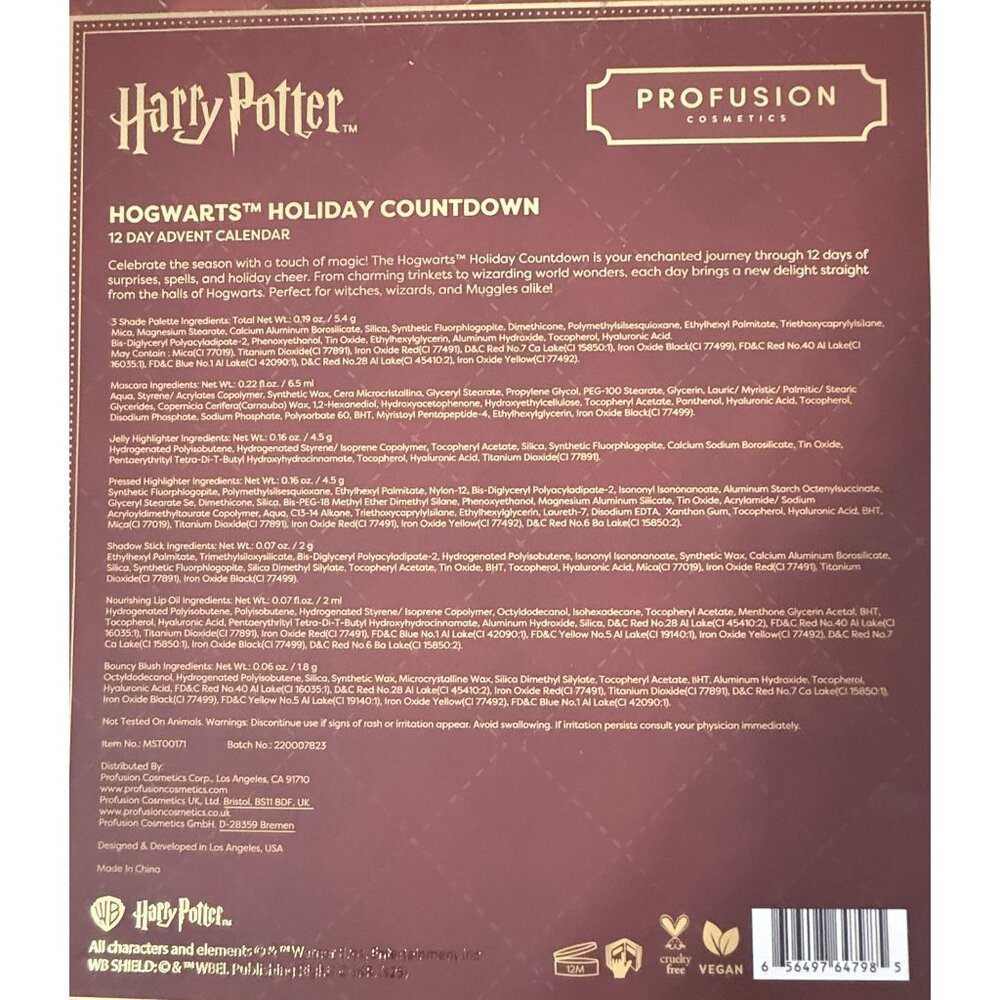 Harry Potter Hogwarts Holiday Countdown 12-Day Adv Calendar Profusion Cosmetics - Picture 3 of 6